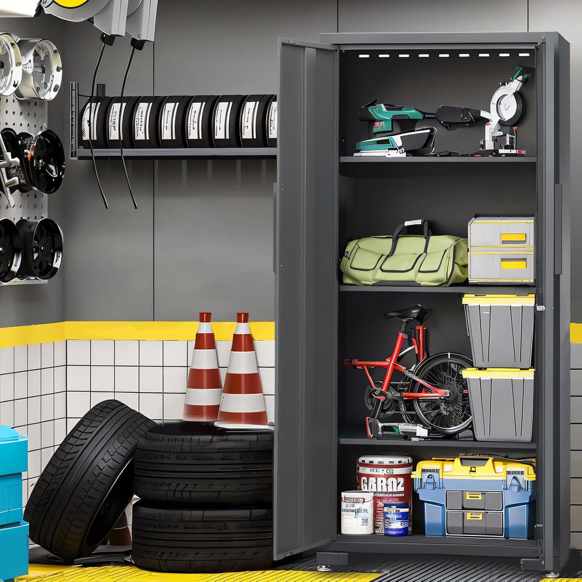 Garage Storage Cabinets System, 9 Piece Workshop Cabinet Set in Black | Included Steel Drawers Rolling Chest,Locked Storage Cabinet, Perfect for Organizing Garage and Tools, 129.92", Black/Grey