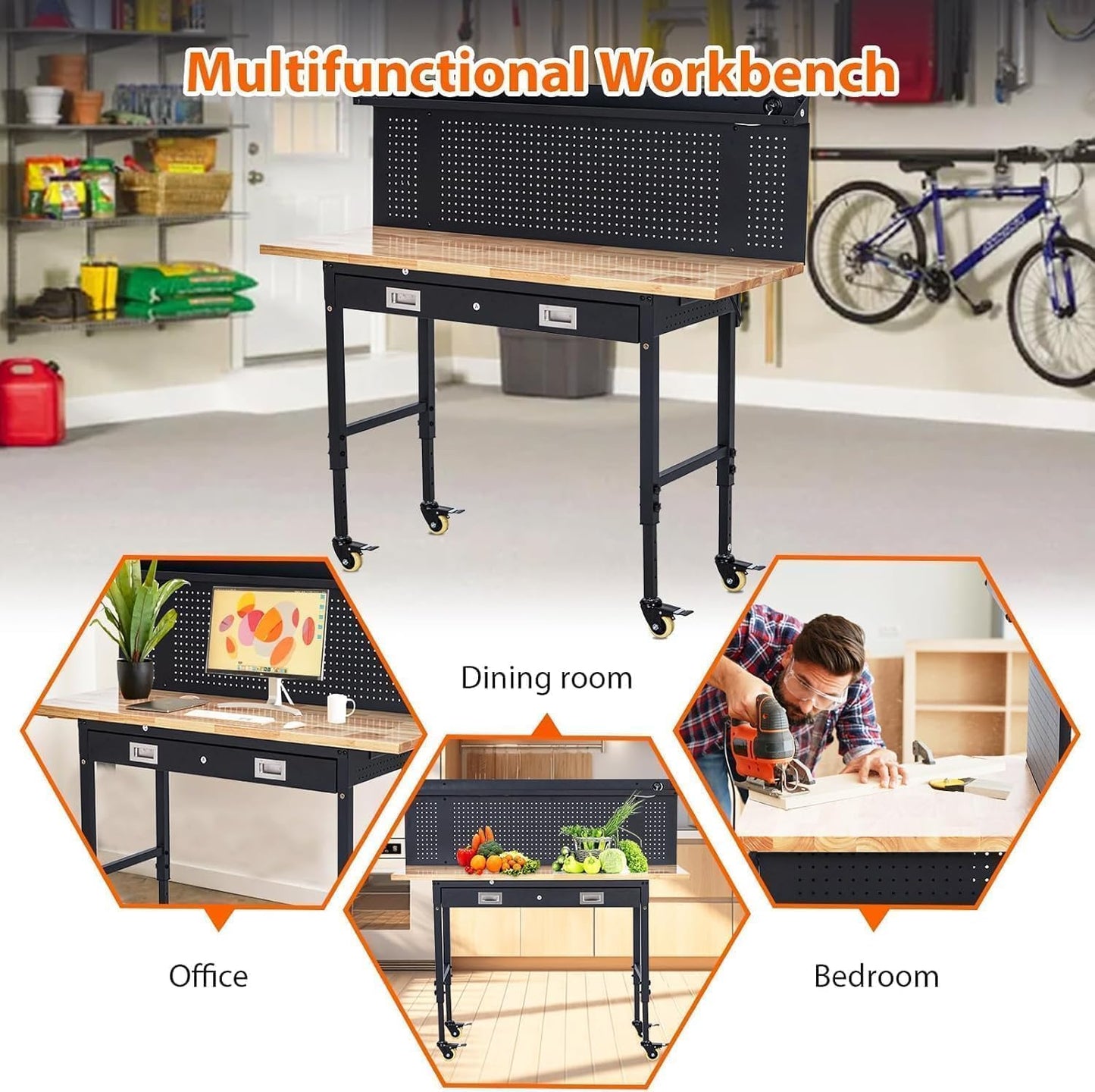 60X22 Inch Garage Workbench with Drawer & Pegboard, Rubberwood Top Work Benches with Wheels & Power Outlet, Adjustable Height Work Table, 2000LBS Max Load Heavy Duty Workbench for Workshop Home Use
