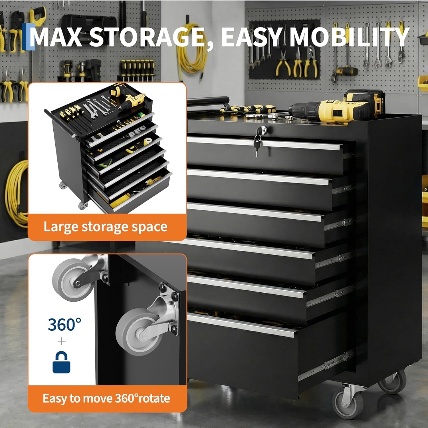 Rolling Tool Chest, 6 Drawers Tool Storage Cabinet, Toolbox with Wheels, Portable Tool Cabinet Organizer with Locking System & Drawer Liners, Tool Storage Cart for Garage, Workshop, Black