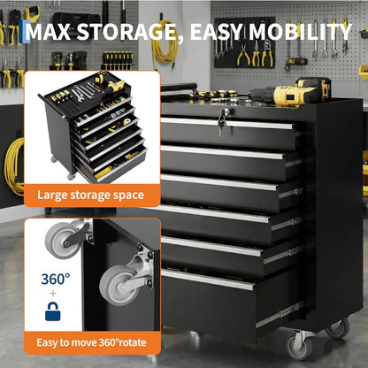 Rolling Tool Chest, 6 Drawers Tool Storage Cabinet, Toolbox with Wheels, Portable Tool Cabinet Organizer with Locking System & Drawer Liners, Tool Storage Cart for Garage, Workshop, Black