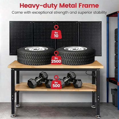 60" Heavy Duty Workbench for Garage, Adjustable Height Work Table with Storage Shelf, Pegboard, Power Outlets & Rubberwood Top for Workshop, Home, Office