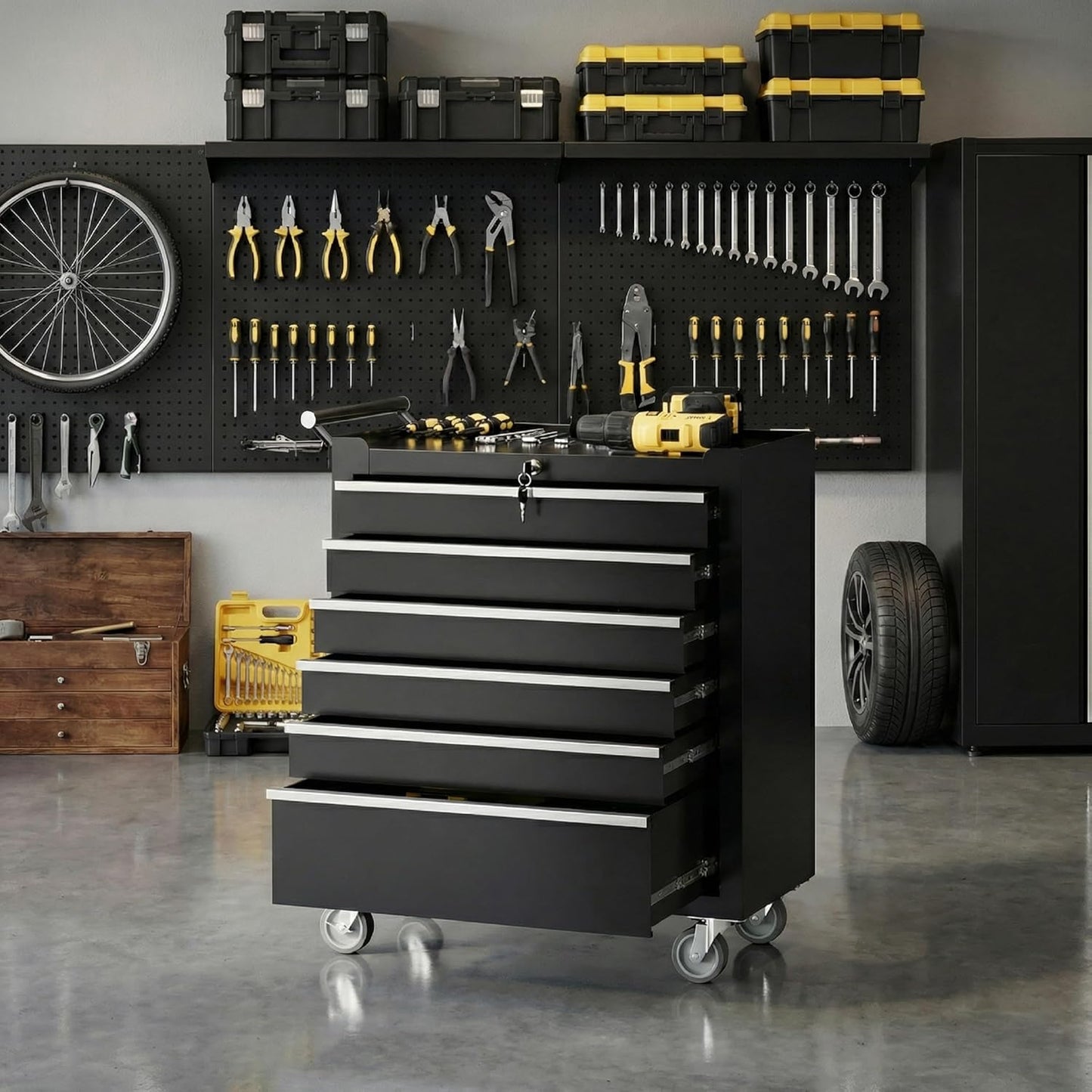 Rolling Tool Chest, 6 Drawers Tool Storage Cabinet, Toolbox with Wheels, Portable Tool Cabinet Organizer with Locking System & Drawer Liners, Tool Storage Cart for Garage, Workshop, Black