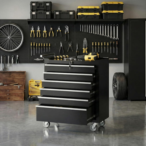 Rolling Tool Chest, 6 Drawers Tool Storage Cabinet, Toolbox with Wheels, Portable Tool Cabinet Organizer with Locking System & Drawer Liners, Tool Storage Cart for Garage, Workshop, Black