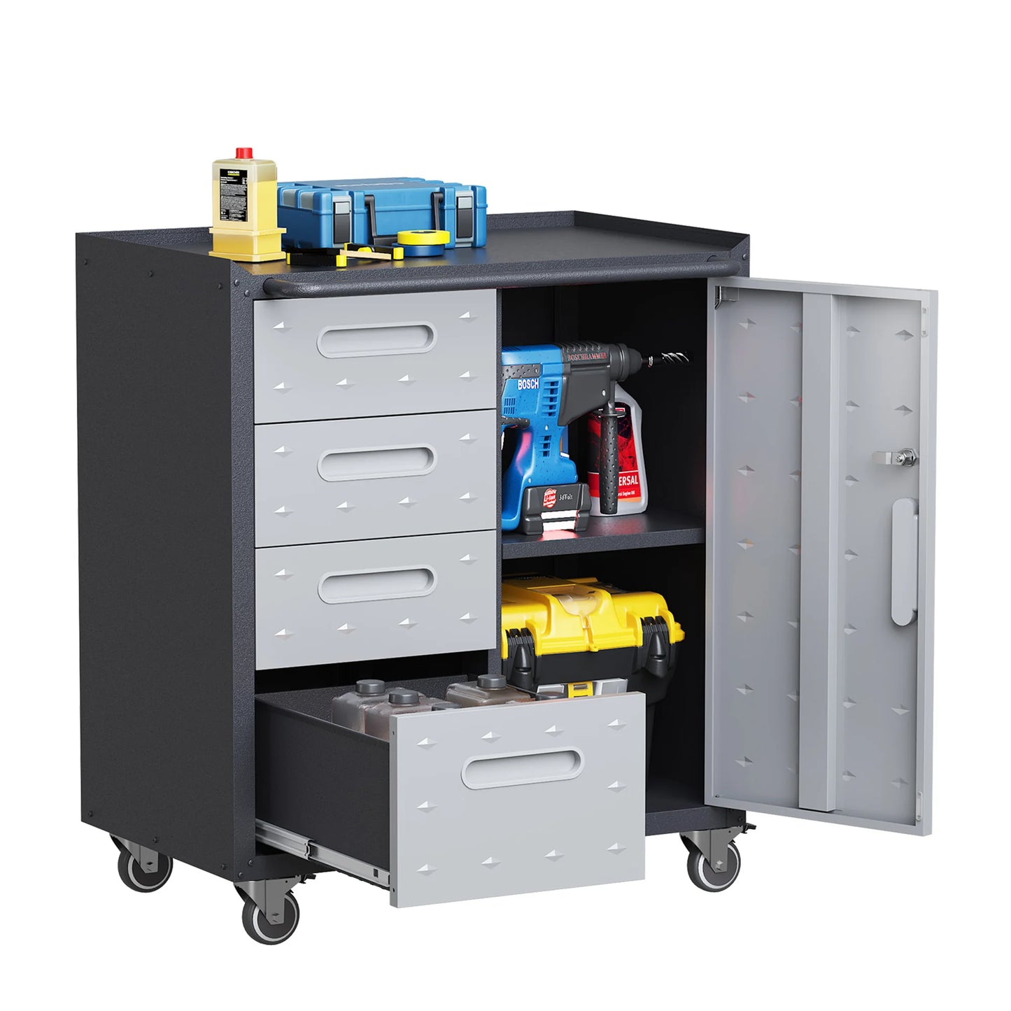 8-Piece Garage Storage System with Workbench, Heavy Duty Metal Garage Cabinets, Lockable Steel Tool Organizer, Modular Workshop Storage Cabinet Set, Gray