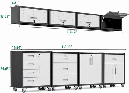 8-Piece Garage Storage System with Workbench, Heavy Duty Metal Garage Cabinets, Lockable Steel Tool Organizer, Modular Workshop Storage Cabinet Set, Gray
