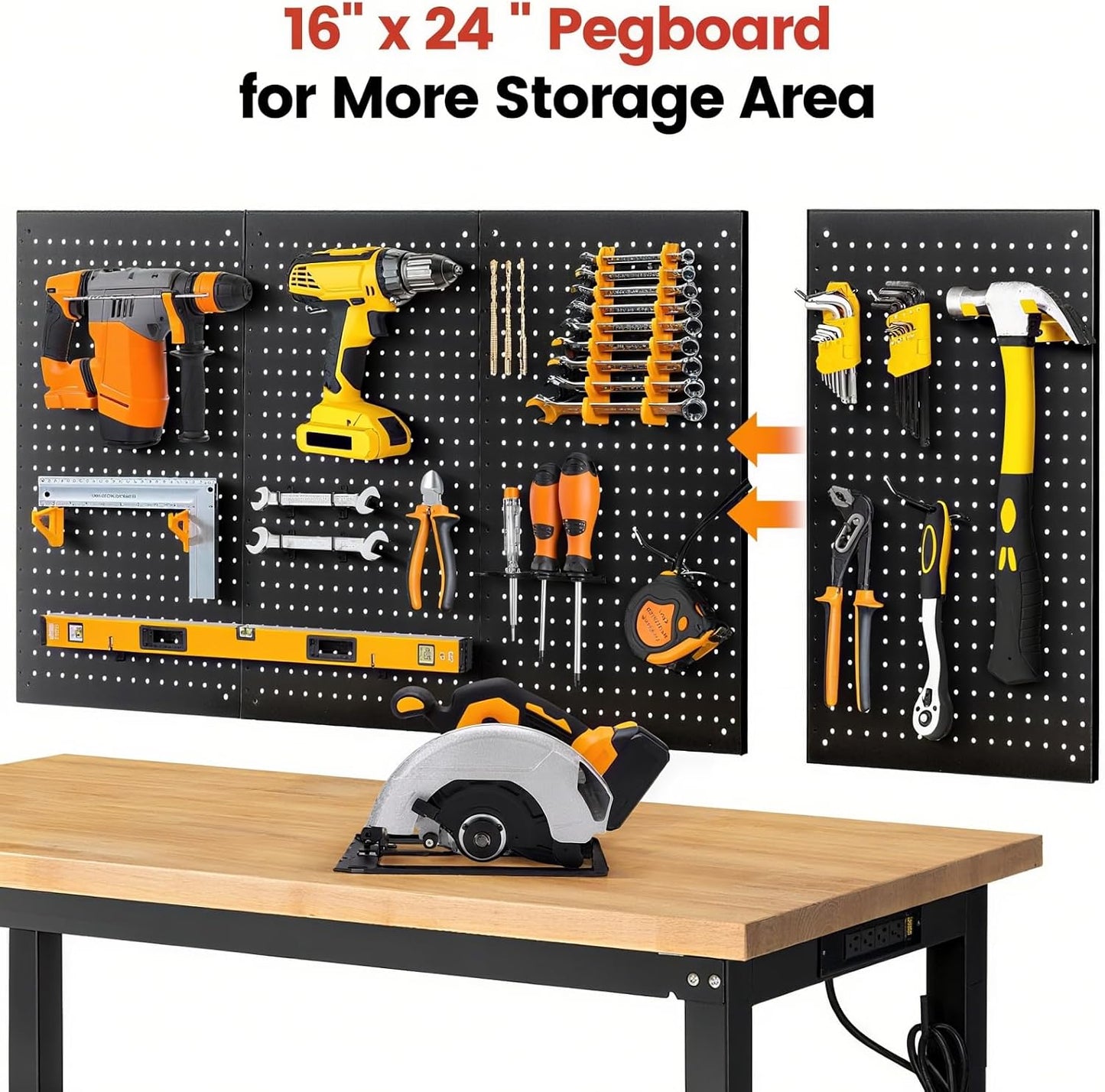 60" Heavy Duty Workbench for Garage, Adjustable Height Work Table with Storage Shelf, Pegboard, Power Outlets & Rubberwood Top for Workshop, Home, Office