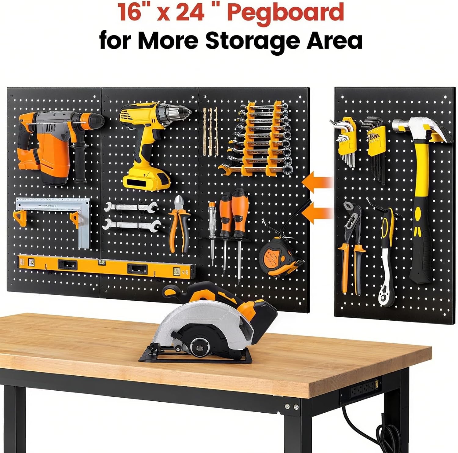 60" Heavy Duty Workbench for Garage, Adjustable Height Work Table with Storage Shelf, Pegboard, Power Outlets & Rubberwood Top for Workshop, Home, Office