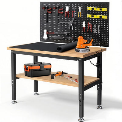 48" Heavy Duty Workbench for Garage, Adjustable Height Work Table with Storage Shelf, Pegboard, Power Outlets & Rubberwood Top for Workshop, Home, Office