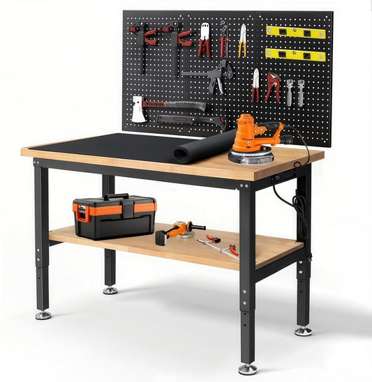 48" Heavy Duty Workbench for Garage, Adjustable Height Work Table with Storage Shelf, Pegboard, Power Outlets & Rubberwood Top for Workshop, Home, Office