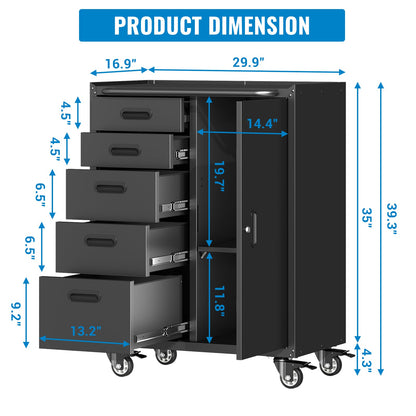 Metal Tool Garage Storage Cabinet with 5 Drawers and 1 Door
