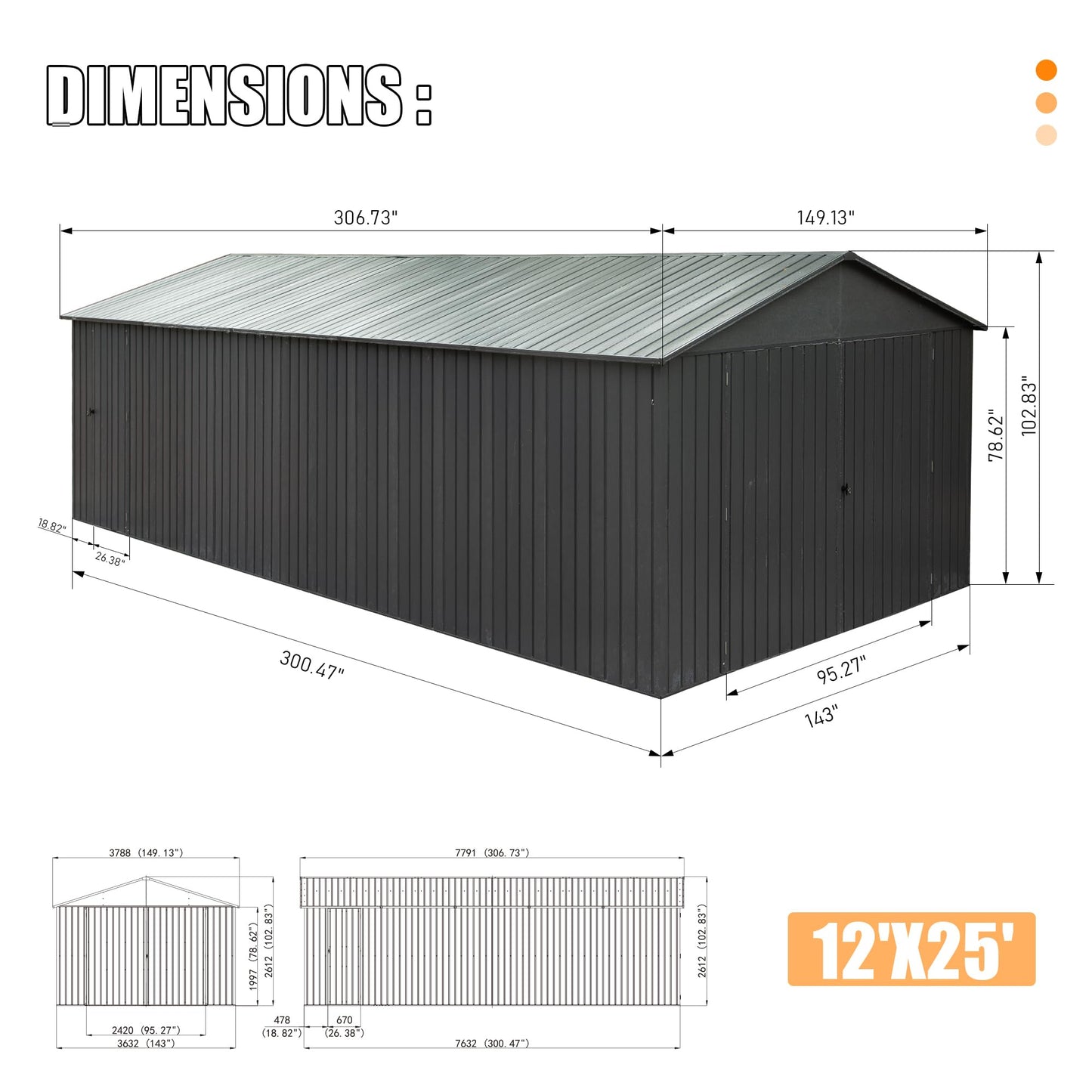12x25FT Outdoor Metal Garage Shed