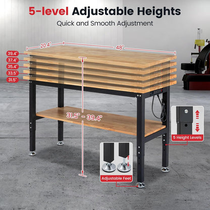 48" Heavy Duty Workbench for Garage, Adjustable Height Work Table with Storage Shelf, Pegboard, Power Outlets & Rubberwood Top for Workshop, Home, Office