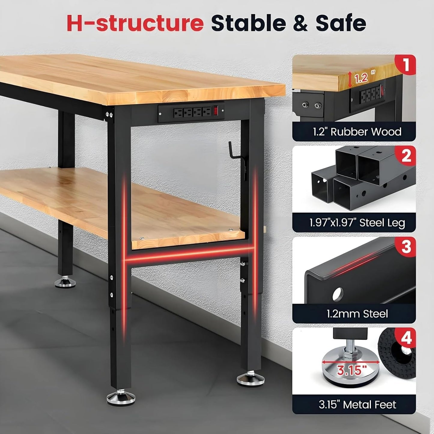 48" Heavy Duty Workbench for Garage, Adjustable Height Work Table with Storage Shelf, Pegboard, Power Outlets & Rubberwood Top for Workshop, Home, Office