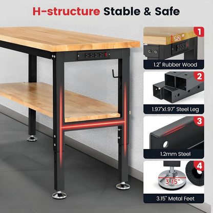 48" Heavy Duty Workbench for Garage, Adjustable Height Work Table with Storage Shelf, Pegboard, Power Outlets & Rubberwood Top for Workshop, Home, Office