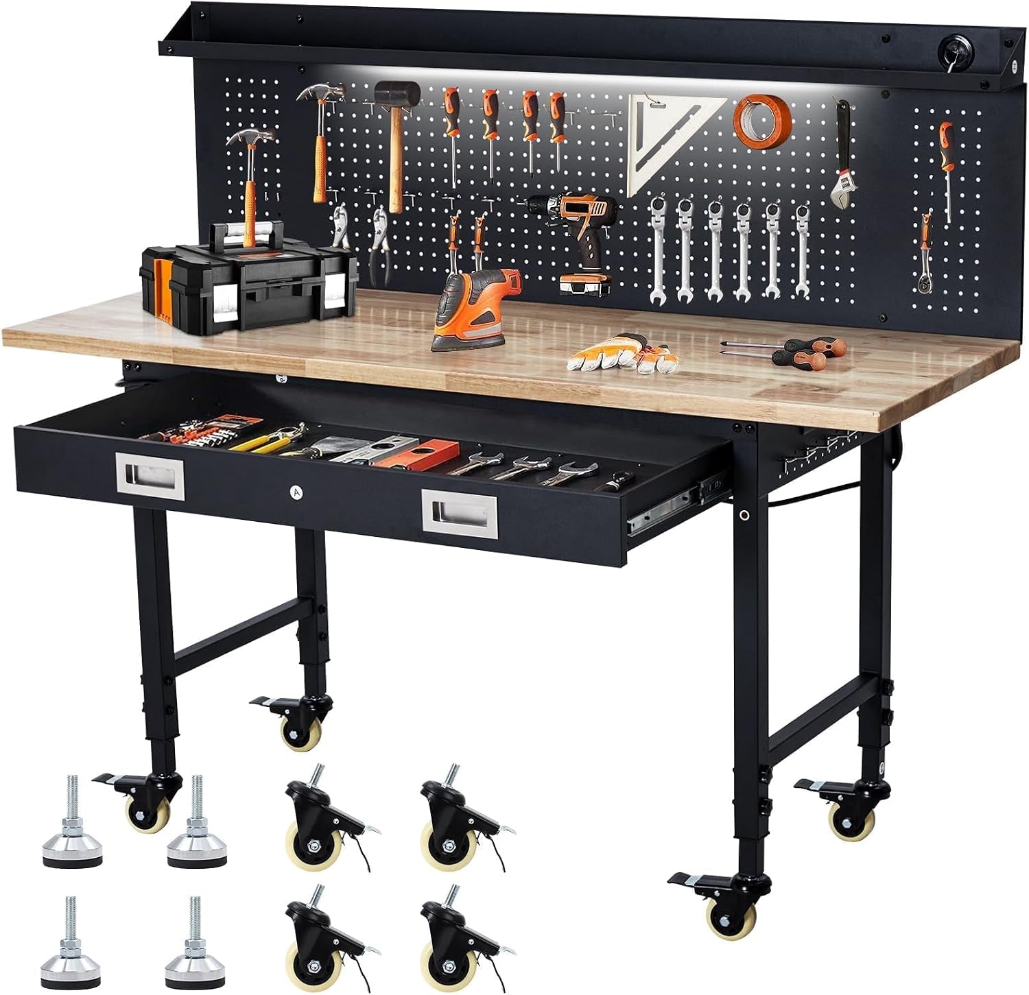 60X22 Inch Garage Workbench with Drawer & Pegboard, Rubberwood Top Work Benches with Wheels & Power Outlet, Adjustable Height Work Table, 2000LBS Max Load Heavy Duty Workbench for Workshop Home Use