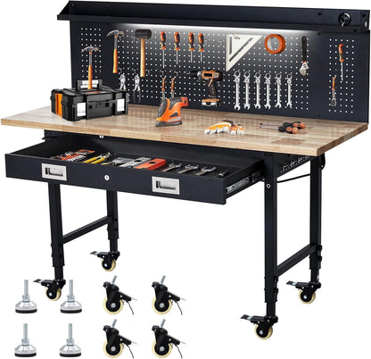 60X22 Inch Garage Workbench with Drawer & Pegboard, Rubberwood Top Work Benches with Wheels & Power Outlet, Adjustable Height Work Table, 2000LBS Max Load Heavy Duty Workbench for Workshop Home Use