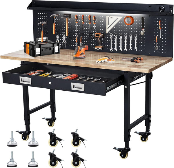60X22 Inch Garage Workbench with Drawer & Pegboard, Rubberwood Top Work Benches with Wheels & Power Outlet, Adjustable Height Work Table, 2000LBS Max Load Heavy Duty Workbench for Workshop Home Use