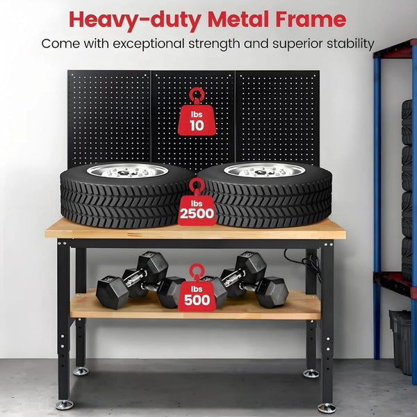 48" Heavy Duty Workbench for Garage, Adjustable Height Work Table with Storage Shelf, Pegboard, Power Outlets & Rubberwood Top for Workshop, Home, Office