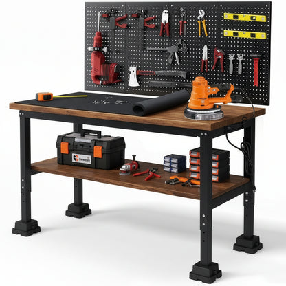 60" Heavy Duty Workbench for Garage, Adjustable Height Work Table with Storage Shelf, Pegboard, Power Outlets & Rubberwood Top for Workshop, Home, Office