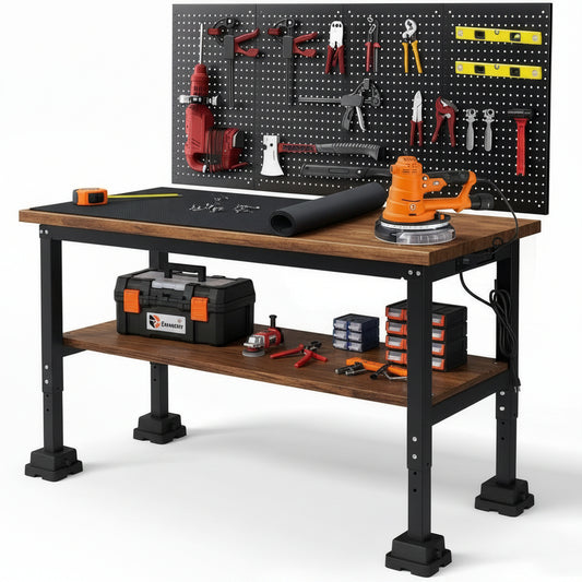 60" Heavy Duty Workbench for Garage, Adjustable Height Work Table with Storage Shelf, Pegboard, Power Outlets & Rubberwood Top for Workshop, Home, Office