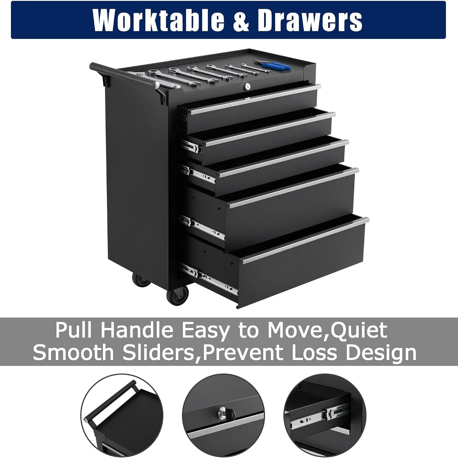 Rolling Tool Chest, 5 Drawers Tool Storage Cabinet with Wheels, Portable Tool Cabinet Organizer with Locking System & Drawer Liners,Universal Lockable Wheels, Tool Storage Cart for Garage, Workshop