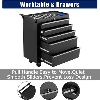 Rolling Tool Chest, 5 Drawers Tool Storage Cabinet with Wheels, Portable Tool Cabinet Organizer with Locking System & Drawer Liners,Universal Lockable Wheels, Tool Storage Cart for Garage, Workshop