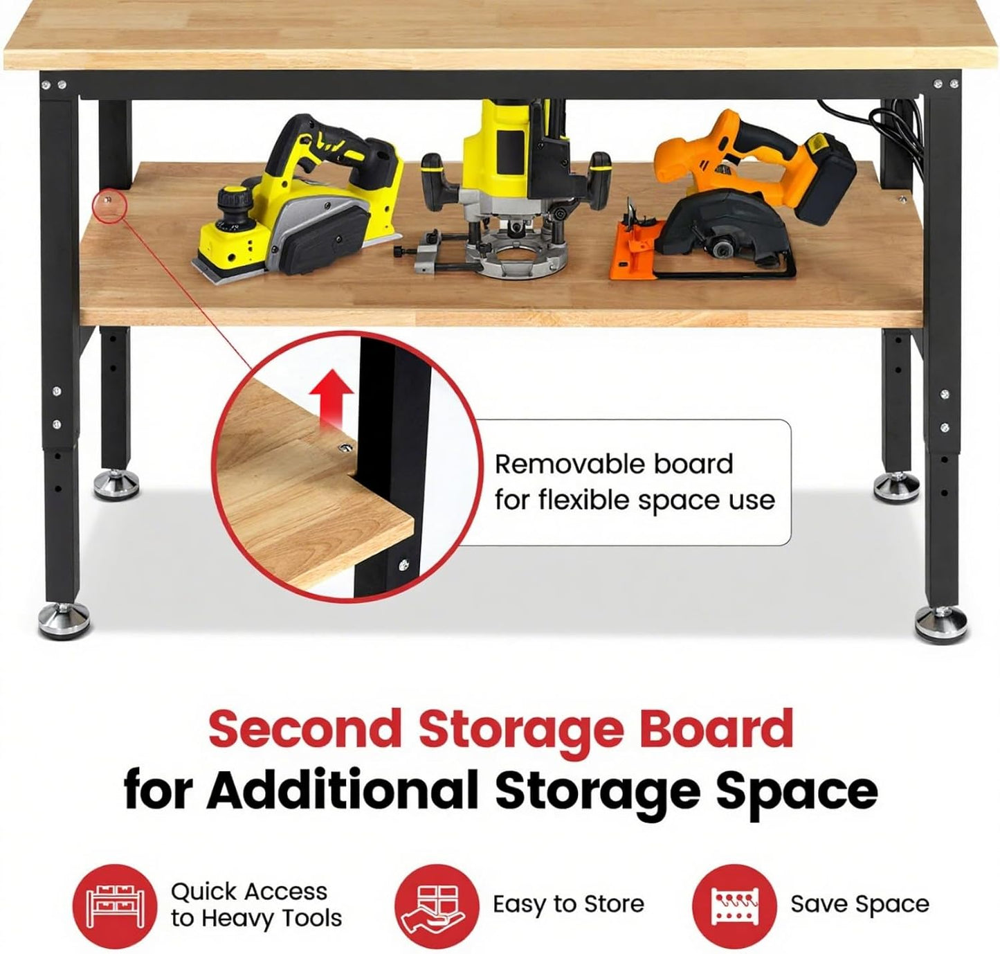 60" Heavy Duty Workbench for Garage, Adjustable Height Work Table with Storage Shelf, Pegboard, Power Outlets & Rubberwood Top for Workshop, Home, Office