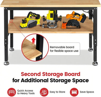 60" Heavy Duty Workbench for Garage, Adjustable Height Work Table with Storage Shelf, Pegboard, Power Outlets & Rubberwood Top for Workshop, Home, Office