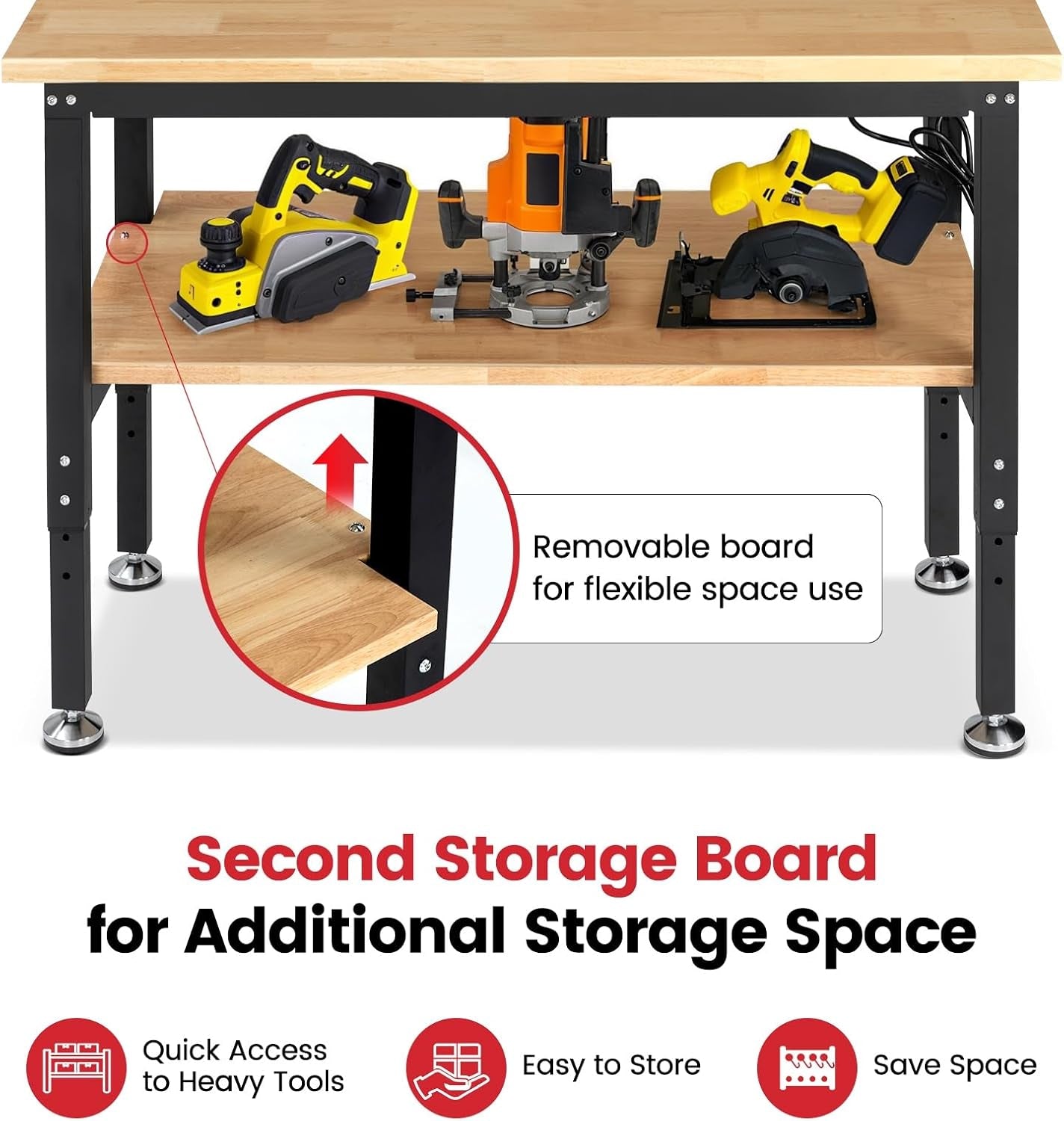 48" Heavy Duty Workbench for Garage, Adjustable Height Work Table with Storage Shelf, Pegboard, Power Outlets & Rubberwood Top for Workshop, Home, Office