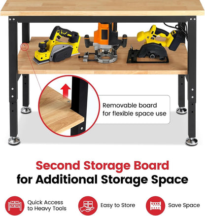 48" Heavy Duty Workbench for Garage, Adjustable Height Work Table with Storage Shelf, Pegboard, Power Outlets & Rubberwood Top for Workshop, Home, Office