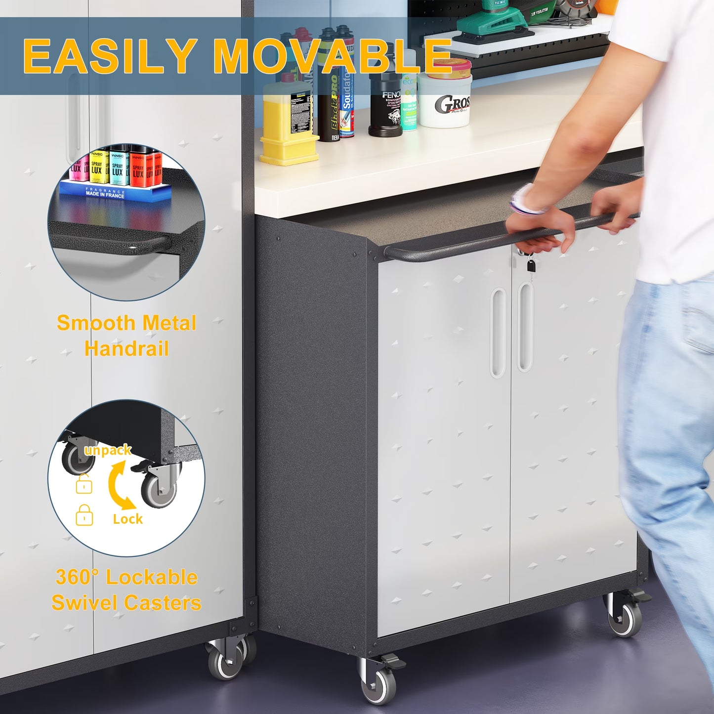 8-Piece Garage Storage System with Workbench, Heavy Duty Metal Garage Cabinets, Lockable Steel Tool Organizer, Modular Workshop Storage Cabinet Set, Gray