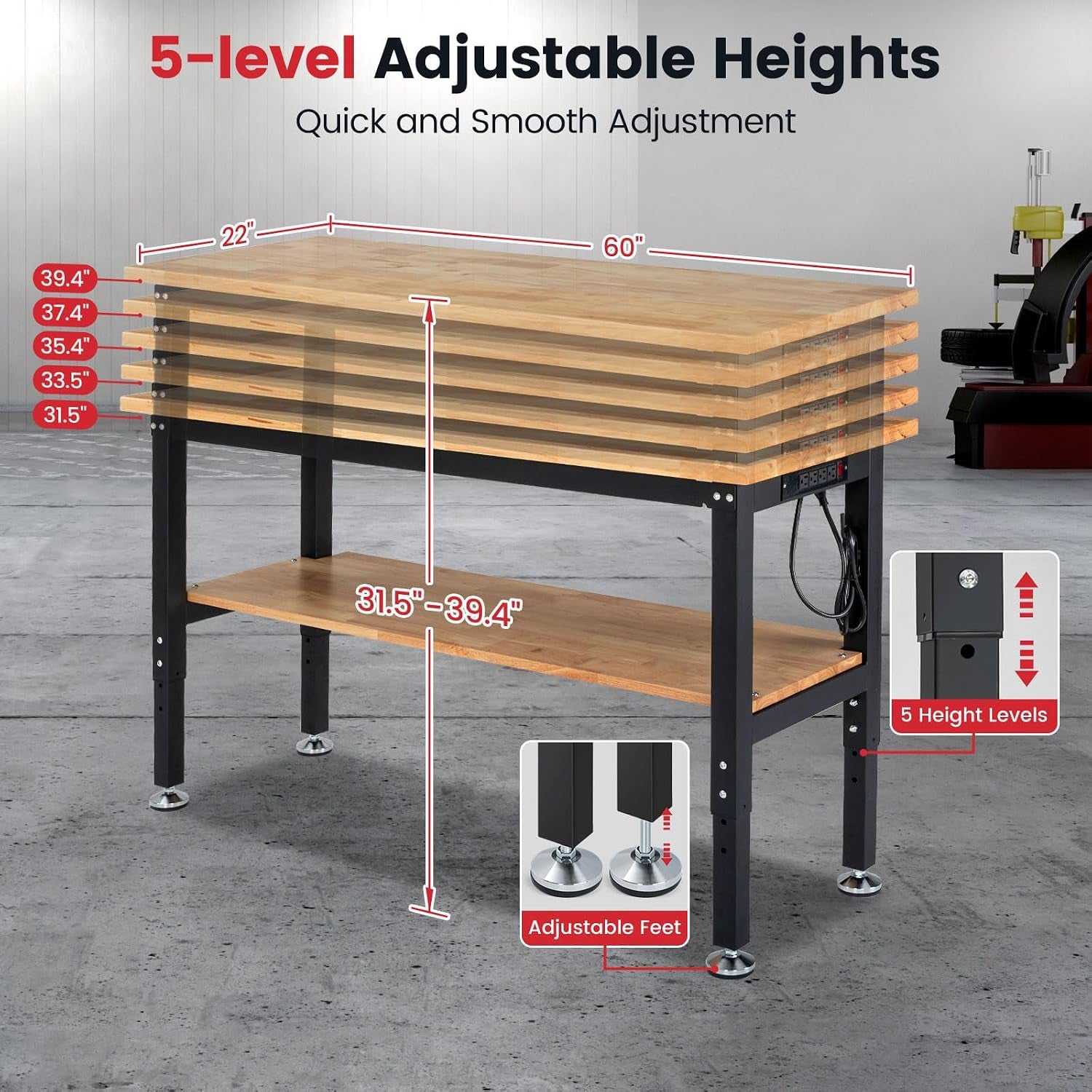 60" Heavy Duty Workbench for Garage, Adjustable Height Work Table with Storage Shelf, Pegboard, Power Outlets & Rubberwood Top for Workshop, Home, Office