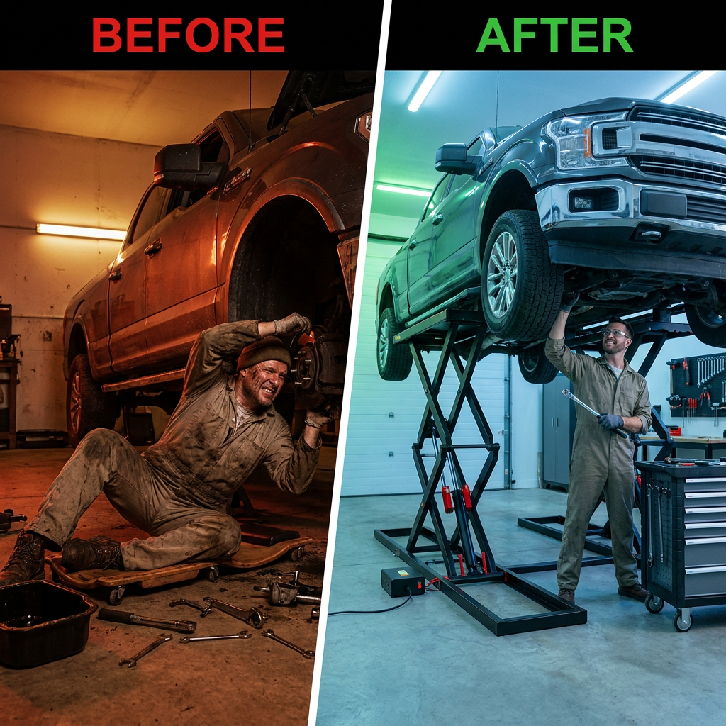 Car Lift, 7,000 Lbs. Capacity Portable Car Lift, 26.8 In. Max. Height, Carbon Steel Truck Lift with 120-Volt Power Unit — Before & After