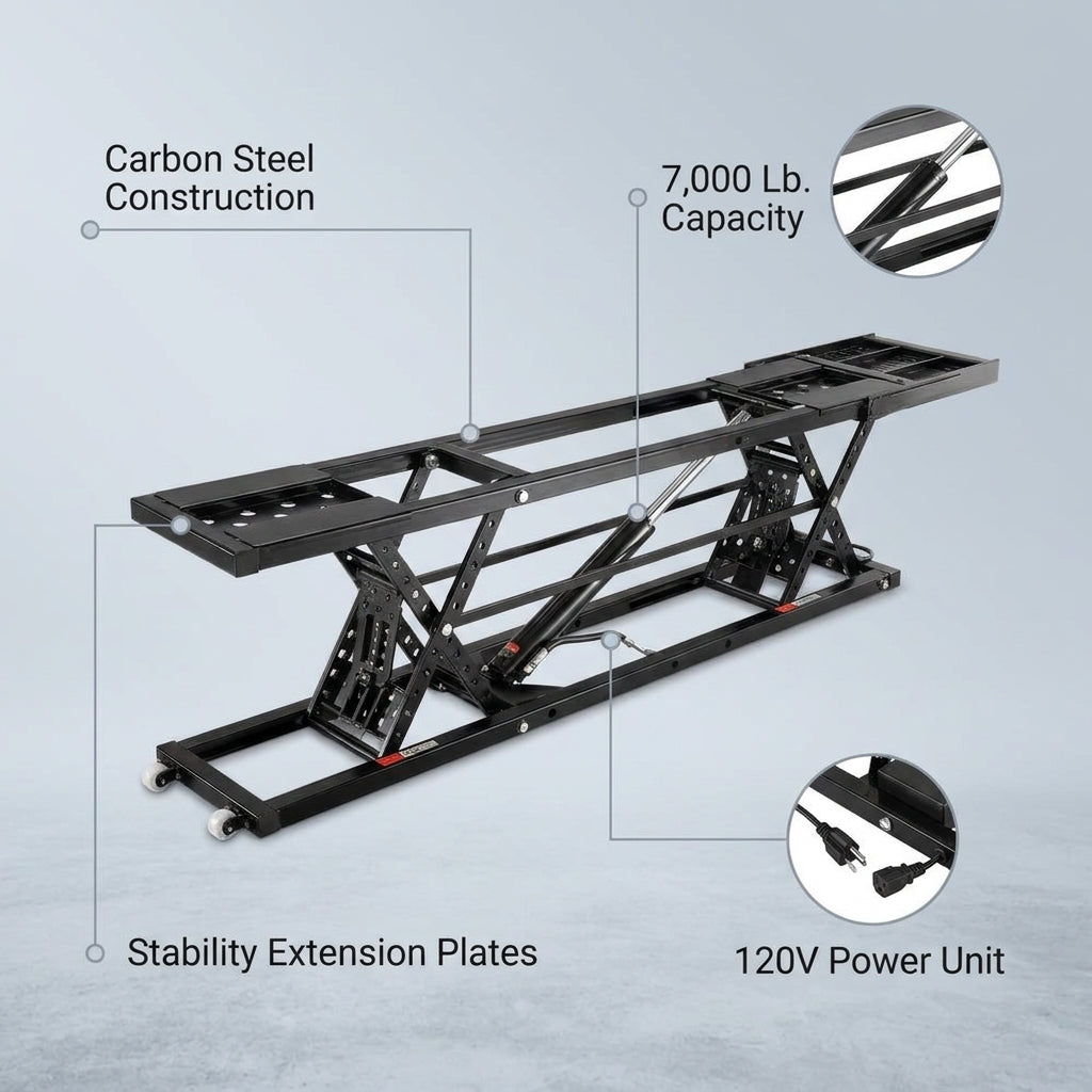Car Lift, 7,000 Lbs. Capacity Portable Car Lift, 26.8 In. Max. Height, Carbon Steel Truck Lift with 120-Volt Power Unit — infographic