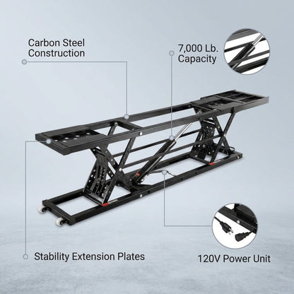 Car Lift, 7,000 Lbs. Capacity Portable Car Lift, 26.8 In. Max. Height, Carbon Steel Truck Lift with 120-Volt Power Unit — infographic