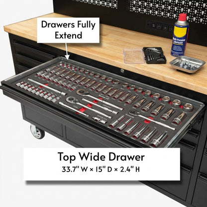 72 inch Rolling Tool Chest with Light & Power Strips, Workbench, Upper Cabinets & Pegboard