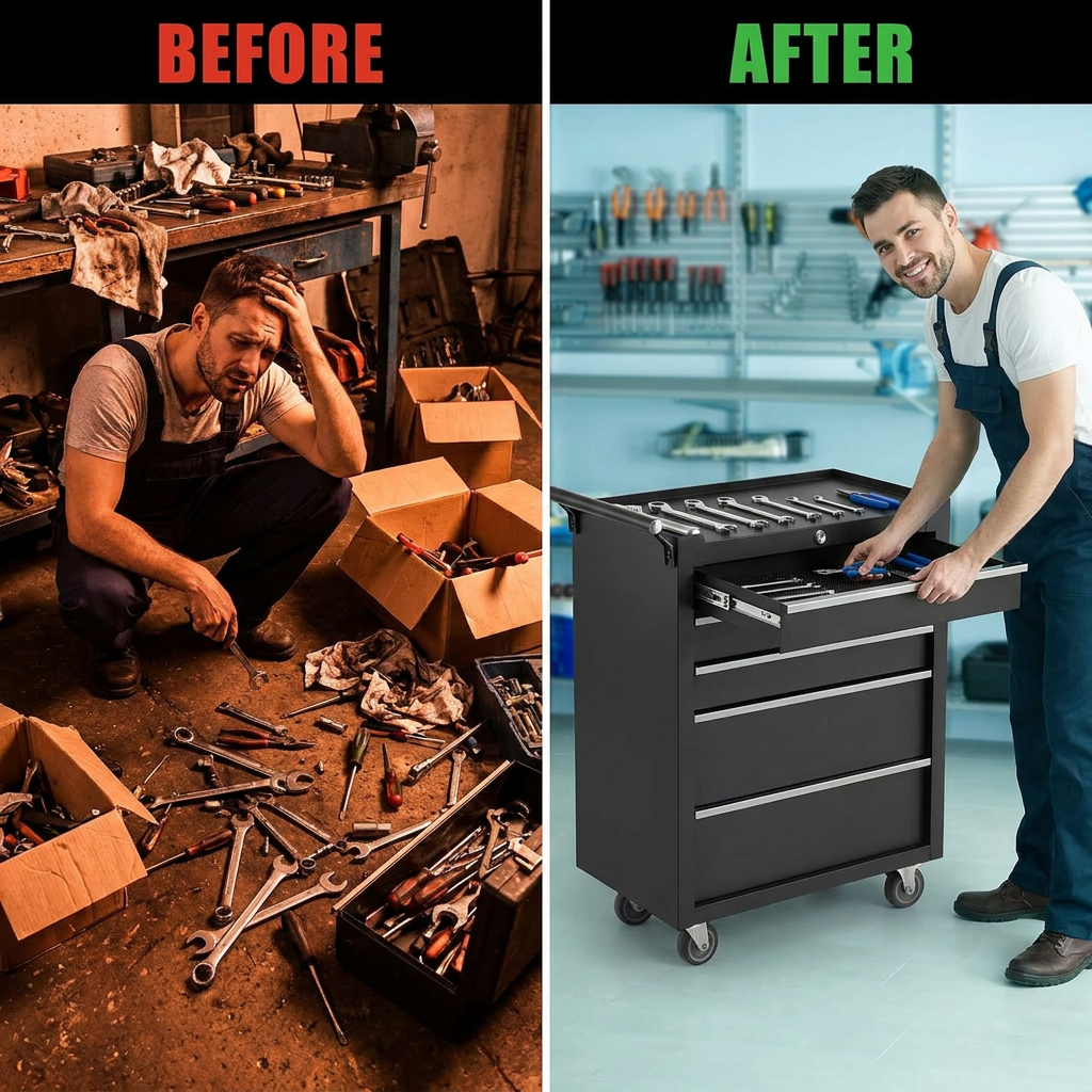 Rolling Tool Chest, 5 Drawers Tool Storage Cabinet with Wheels, Portable Tool Cabinet Organizer with Locking System & Drawer Liners,Universal Lockable Wheels, Tool Storage Cart for Garage, Workshop — Before & After
