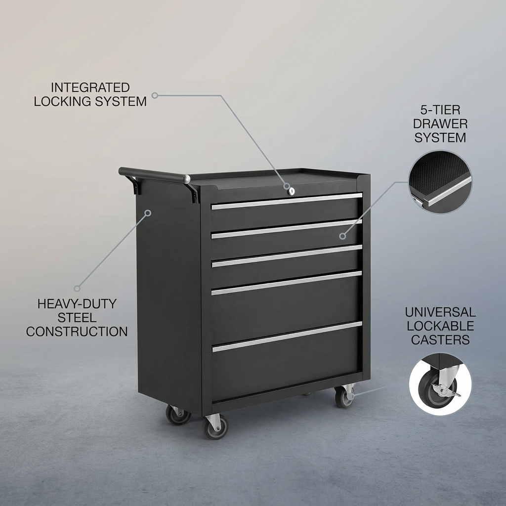Rolling Tool Chest, 5 Drawers Tool Storage Cabinet with Wheels, Portable Tool Cabinet Organizer with Locking System & Drawer Liners,Universal Lockable Wheels, Tool Storage Cart for Garage, Workshop — infographic