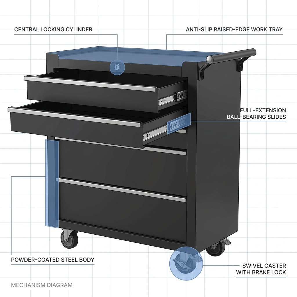 Rolling Tool Chest, 5 Drawers Tool Storage Cabinet with Wheels, Portable Tool Cabinet Organizer with Locking System & Drawer Liners,Universal Lockable Wheels, Tool Storage Cart for Garage, Workshop — How It Works