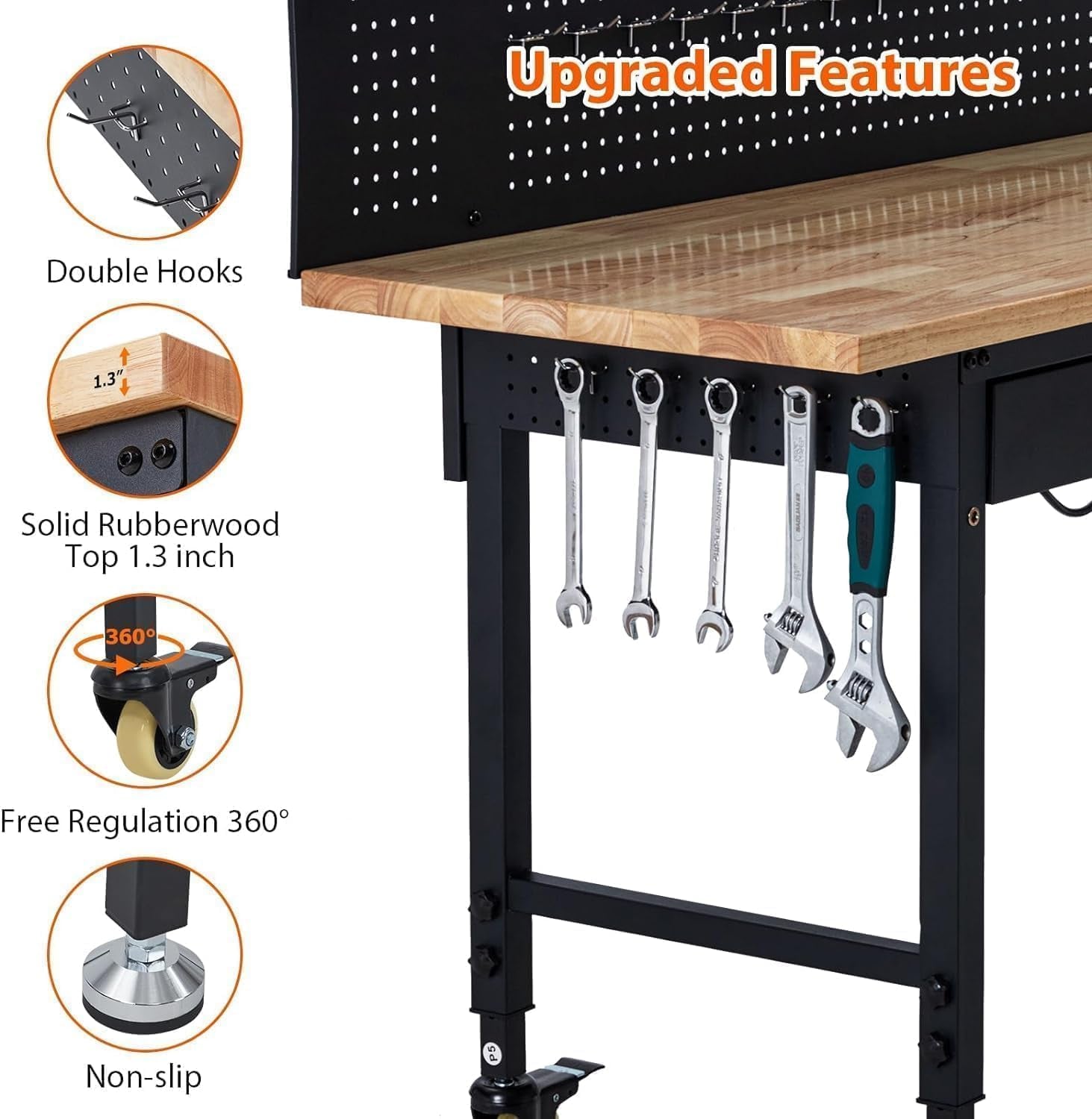 60X22 Inch Garage Workbench with Drawer & Pegboard, Rubberwood Top Work Benches with Wheels & Power Outlet, Adjustable Height Work Table, 2000LBS Max Load Heavy Duty Workbench for Workshop Home Use