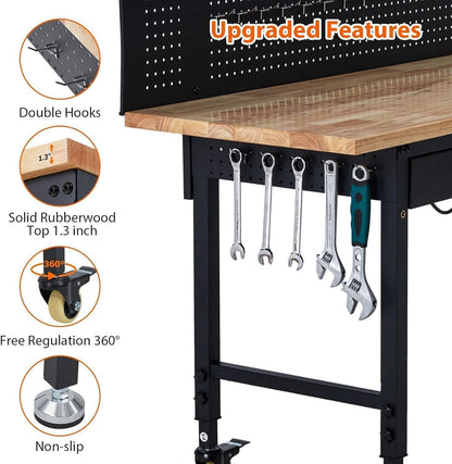60X22 Inch Garage Workbench with Drawer & Pegboard, Rubberwood Top Work Benches with Wheels & Power Outlet, Adjustable Height Work Table, 2000LBS Max Load Heavy Duty Workbench for Workshop Home Use