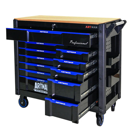 12 Layer Drawer Multi Purpose Tool Cart With Wheels And Wooden Countertops - Black / Blue