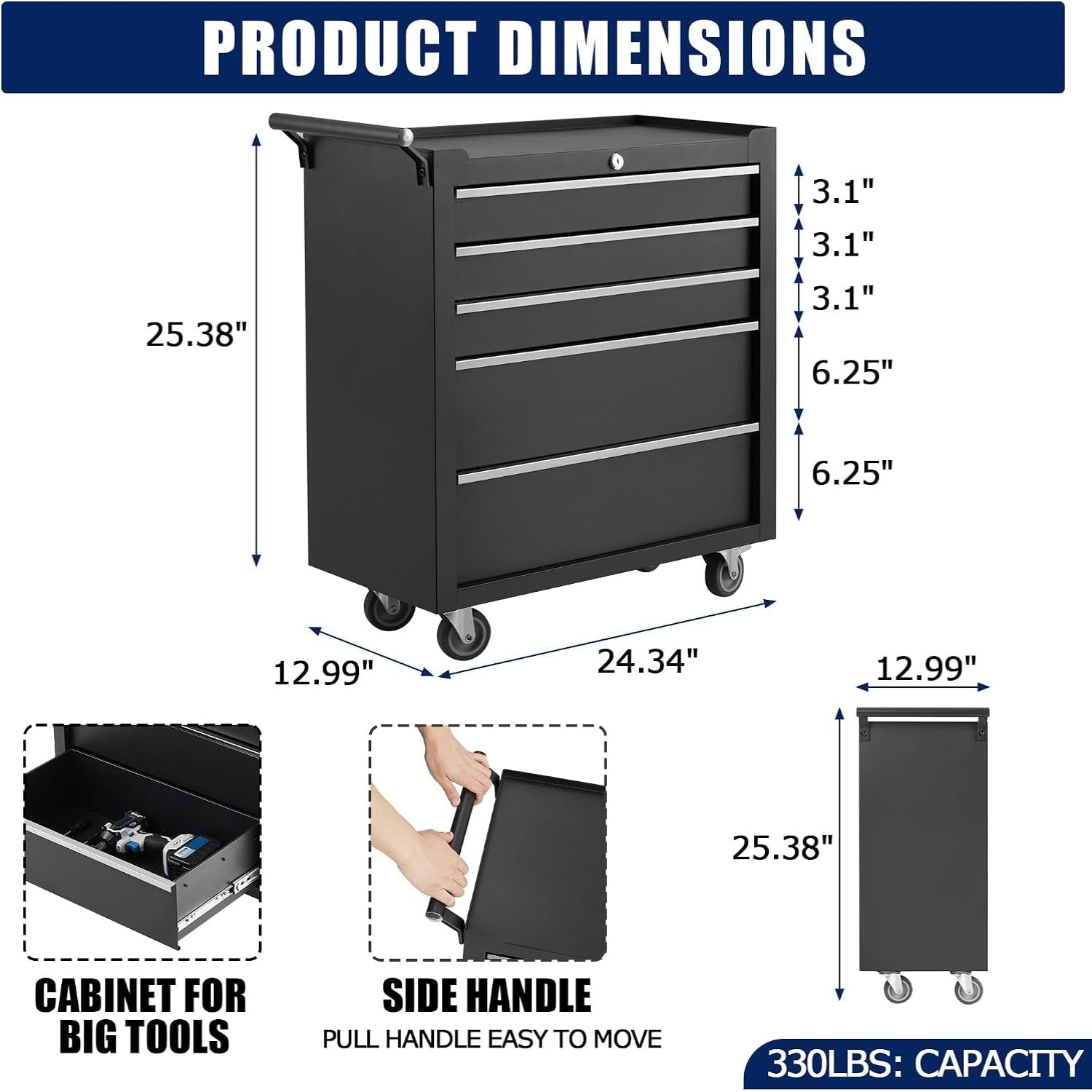 Rolling Tool Chest, 5 Drawers Tool Storage Cabinet with Wheels, Portable Tool Cabinet Organizer with Locking System & Drawer Liners,Universal Lockable Wheels, Tool Storage Cart for Garage, Workshop