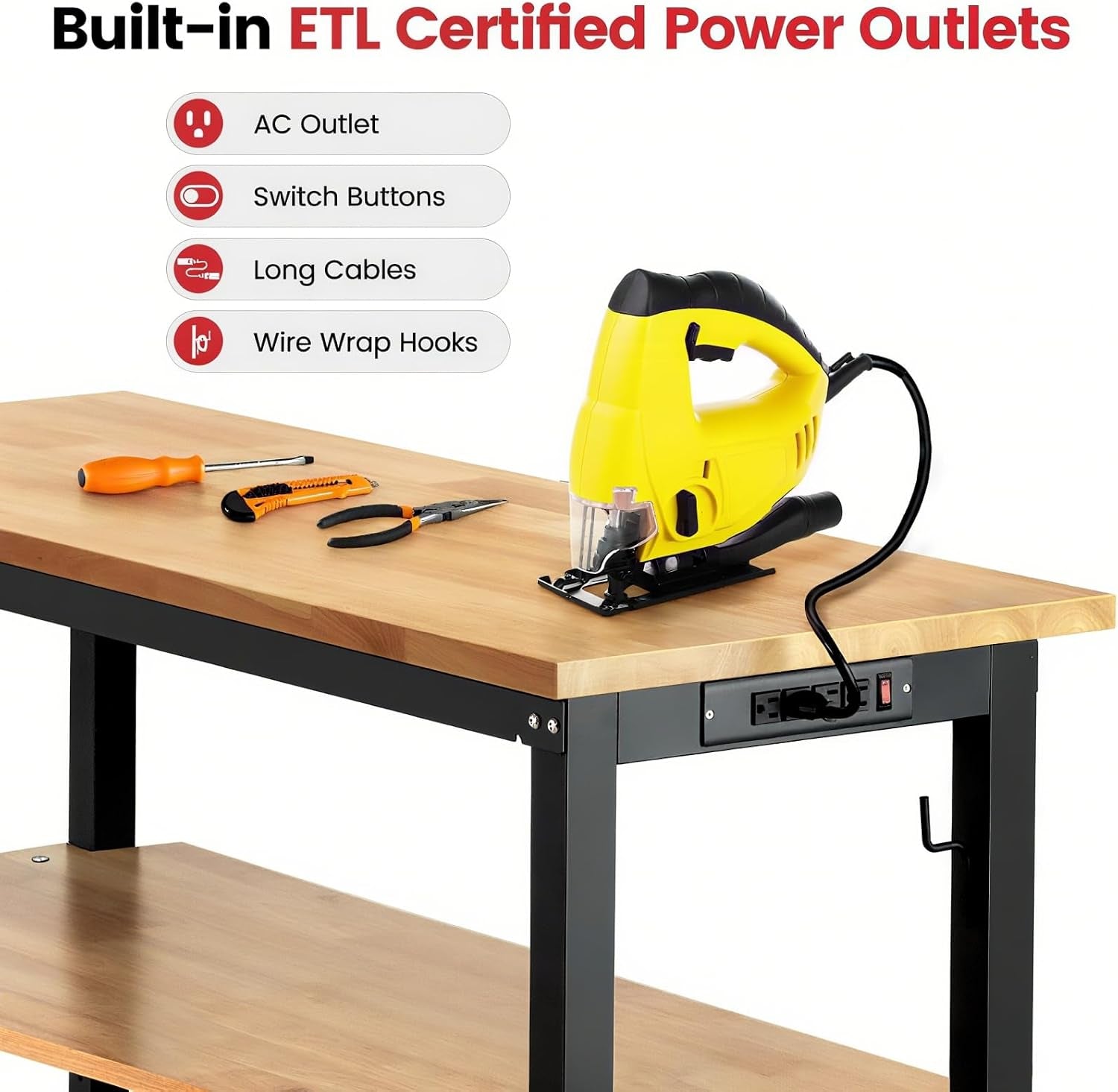 60" Heavy Duty Workbench for Garage, Adjustable Height Work Table with Storage Shelf, Pegboard, Power Outlets & Rubberwood Top for Workshop, Home, Office