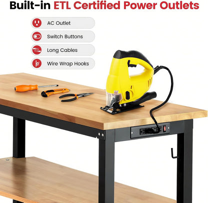 60" Heavy Duty Workbench for Garage, Adjustable Height Work Table with Storage Shelf, Pegboard, Power Outlets & Rubberwood Top for Workshop, Home, Office