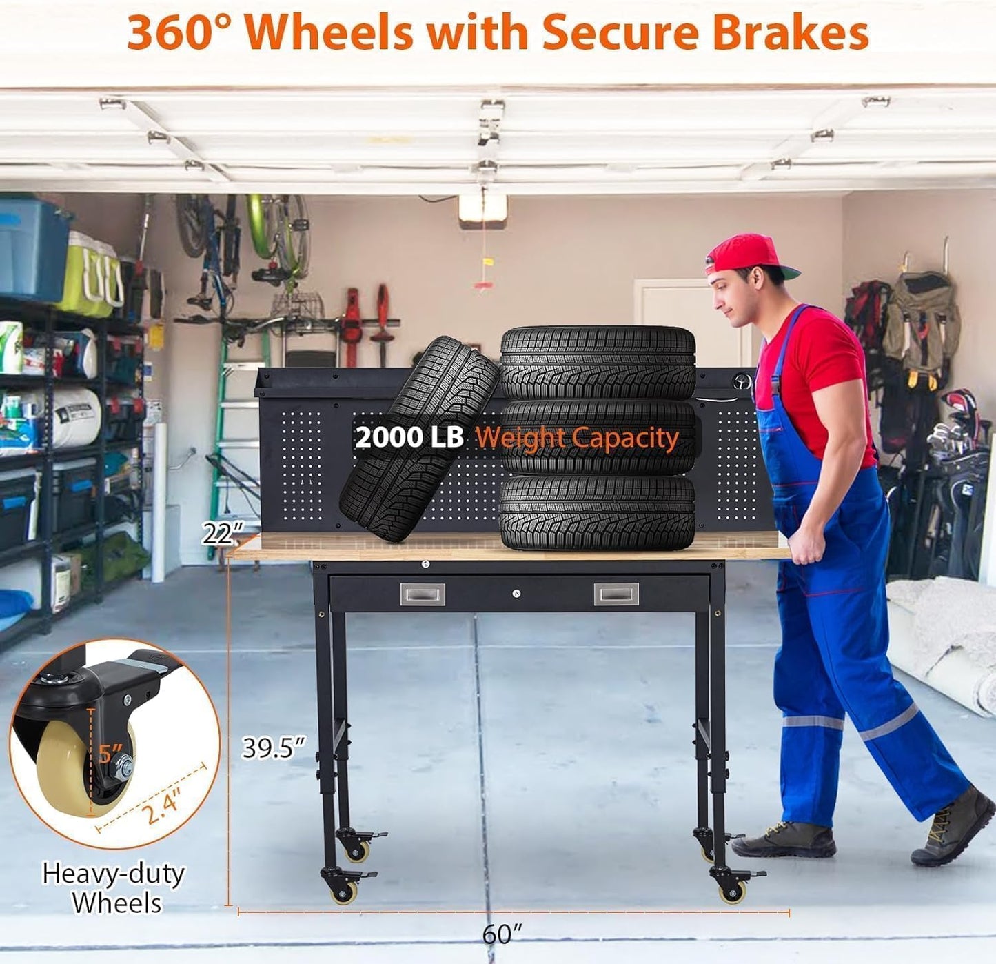 60X22 Inch Garage Workbench with Drawer & Pegboard, Rubberwood Top Work Benches with Wheels & Power Outlet, Adjustable Height Work Table, 2000LBS Max Load Heavy Duty Workbench for Workshop Home Use