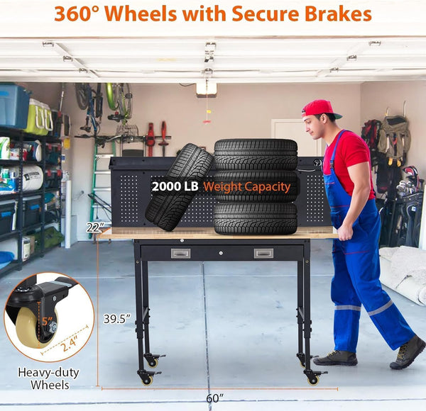 60X22 Inch Garage Workbench with Drawer & Pegboard, Rubberwood Top Work Benches with Wheels & Power Outlet, Adjustable Height Work Table, 2000LBS Max Load Heavy Duty Workbench for Workshop Home Use
