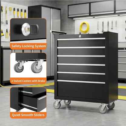 Rolling Tool Chest, 6 Drawers Tool Storage Cabinet, Toolbox with Wheels, Portable Tool Cabinet Organizer with Locking System & Drawer Liners, Tool Storage Cart for Garage, Workshop, Black