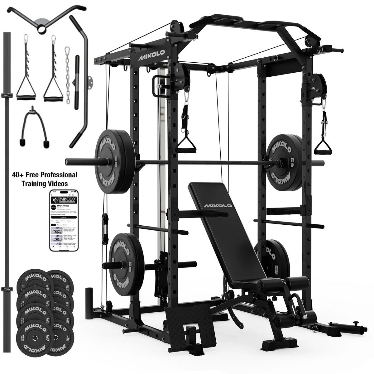 Power Rack Cage, 1500LBS Weight Cage with 800LB Capacity Adjustable Weight Bench, 1500LB Capacity Barbell and 230LB Weight Plate Set(B230B)