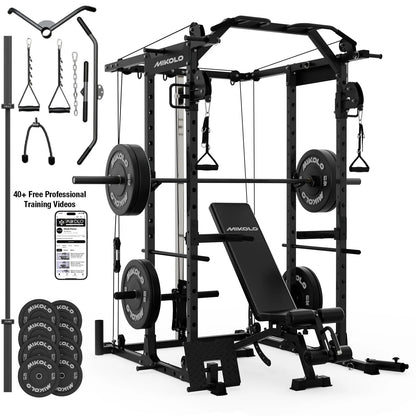 Power Rack Cage, 1500LBS Weight Cage with 800LB Capacity Adjustable Weight Bench, 1500LB Capacity Barbell and 230LB Weight Plate Set(B230B)